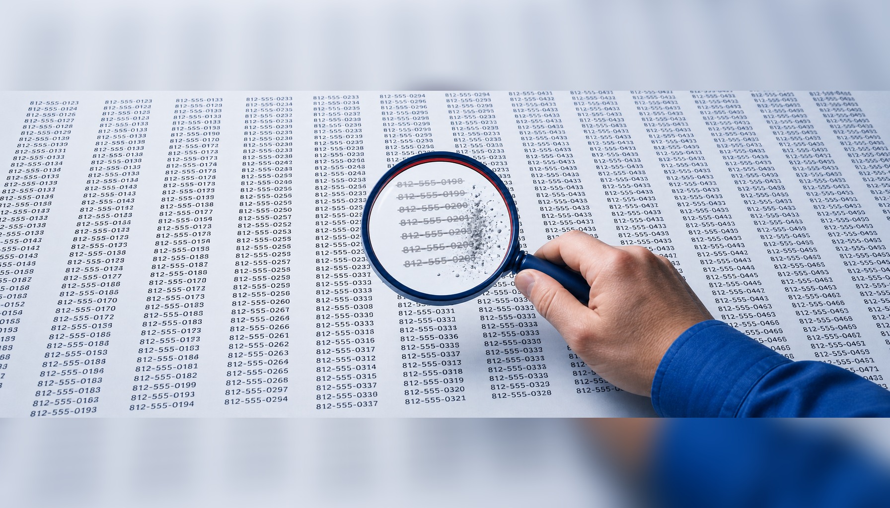 Magnifying glass over a large printed telemarketing list revealing faded and crossed-out phone numbers