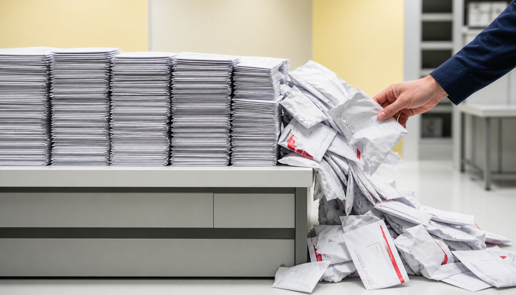 Stack of direct-mail envelopes with some falling off a table, representing consumer mailing list data decay